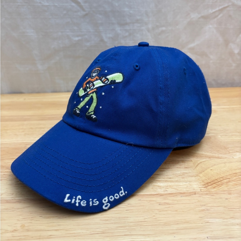 Life is Good Blue Baseball Cap with Embroidered Snowboard Design